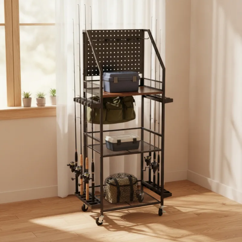 Fishing Equipment Holder - Fishing Rod Rack with Pegboard Rolling